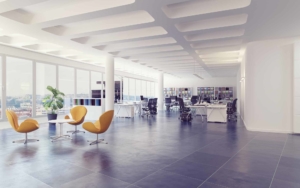 Perspective view of a clean and open office space