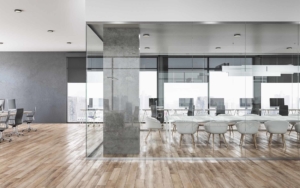 View of a clean and open glass meeting room